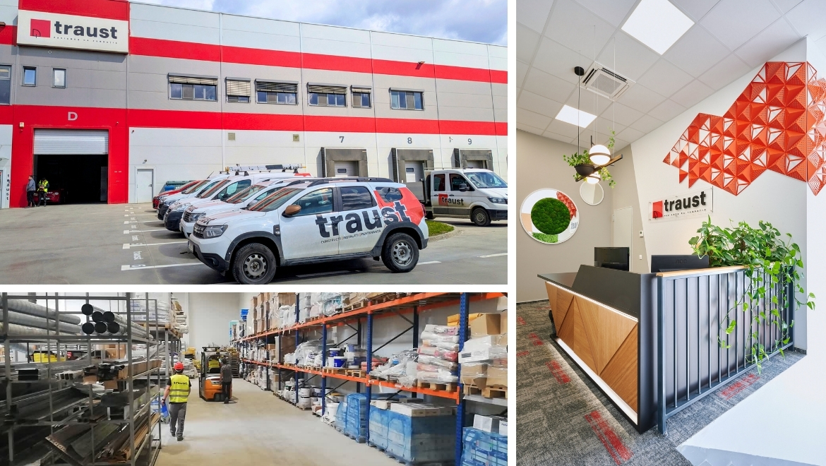 Sediul firmei Traust Cluj – birouri, depozit și logistică pentru servicii de construcții, instalații și mentenanță